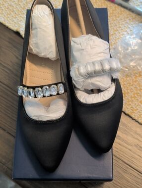 Adrienne Vittadini Black Satin Women's Pointed Toe Heel with Crystal Strap